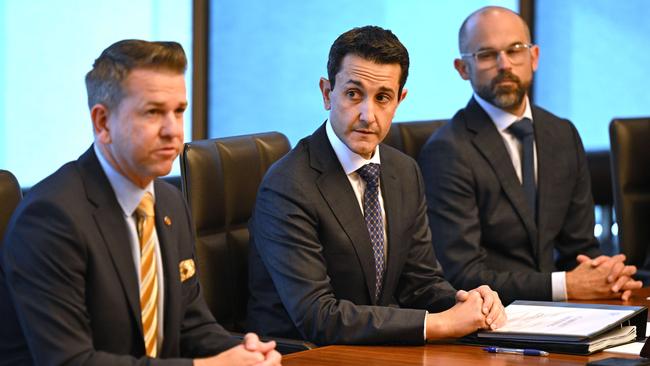 The new LNP government, headed by Premier David Crisafulli flanked by deputy premier Jarrod Bleijie and Treasurer David Janetzki. Picture: Lyndon Mechielsen/Courier Mail