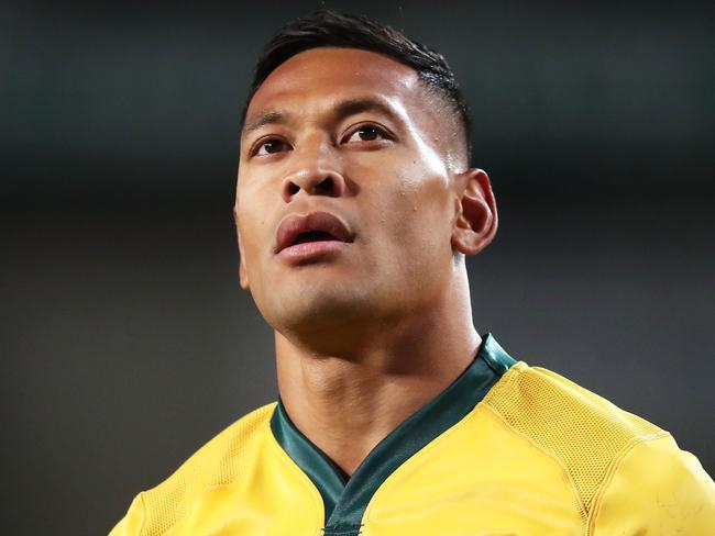 FILE: Israel Folau sacked by Rugby Australia for Homphobic tweet SYDNEY, AUSTRALIA - JUNE 23:  Israel Folau of the Wallabies looks on during the Third International Test match between the Australian Wallabies and Ireland at Allianz Stadium on June 23, 2018 in Sydney, Australia.  (Photo by Matt King/Getty Images)