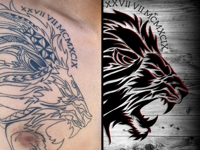 Franky Berto's tattoo as inked by Lelei Ink's Leah Tilini compared with his original design. Picture: Supplied