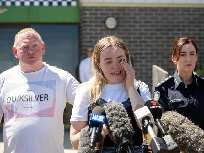 Samantha’s husband Mick and daughter Jess speaking to the media. Picture: Nicki Connolly