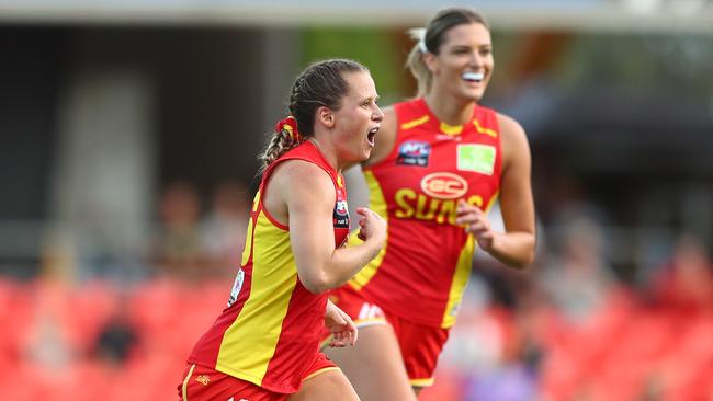 Kate Surman of the Suns celebrates a goal during the round 2 AFLW match between the Gold Coast Suns and the Richmond Tigers at Metricon Stadium on February 15, 2020 in Gold Coast, Australia. (Photo by Chris Hyde/AFL Photos/Getty Images)