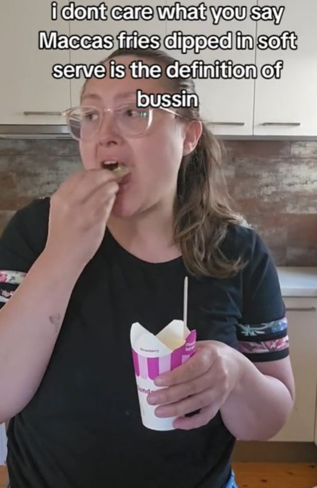 Jasmine Anitajo posted a video of her dipping her fries into the new Macca’s sundae. Picture: TikTok