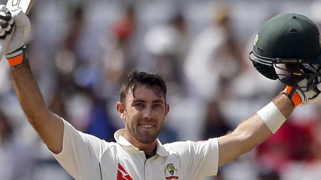 Australian bastman Glenn Maxwell celebrates bringing up his century in the third Test in Ranchi.
