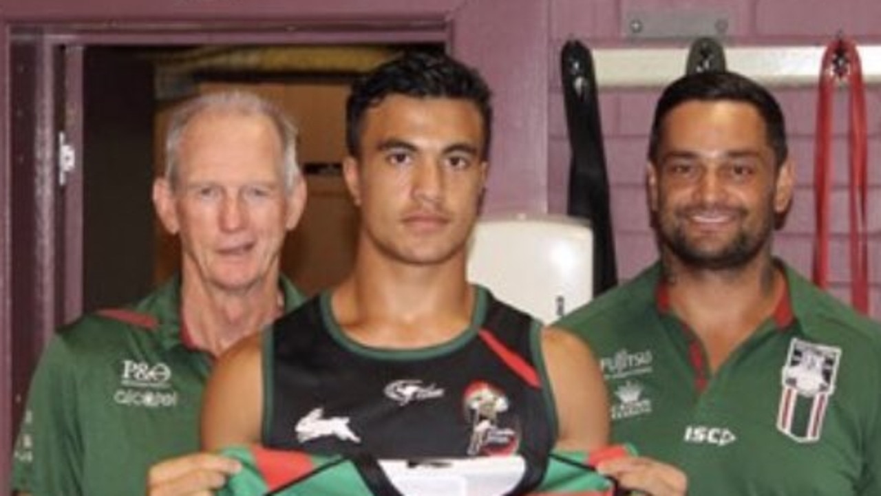 Joseph Suaalii with Wayne Bennett and John Sutton after signing with South Sydney