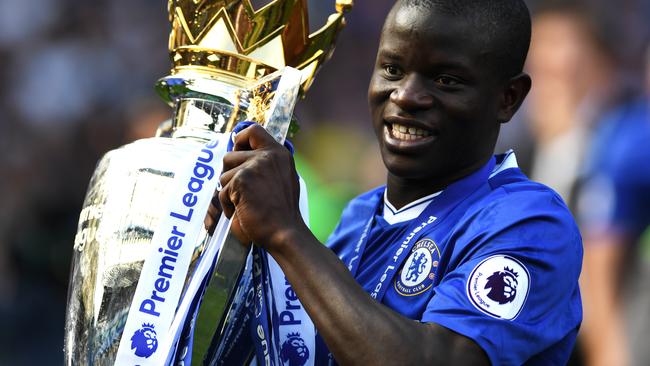 LONDON, ENGLAND - MAY 21: N'Golo Kante of Chelsea celebrates with the Premier League Trophy after the Premier League match between Chelsea and Sunderland at Stamford Bridge on May 21, 2017 in London, England.  (Photo by Shaun Botterill/Getty Images)