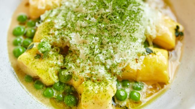 Transformer: Saffron, ricotta and parmesan gnocchi with peas, tarragon, thyme and cultured butter.