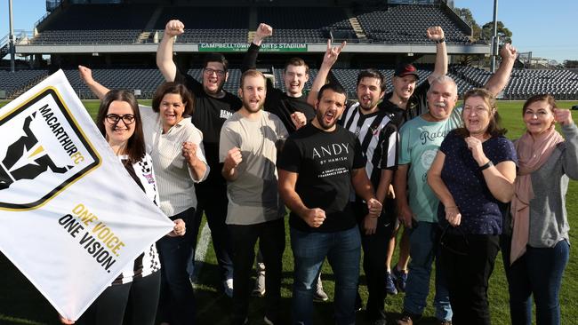 MACARTHUR CHRONICLE/AAP. Fans of the new A-League club Macarthur FC pose for a photo at Campbelltown Stadium in Leumeah, Saturday, 25th May 2019. Fans of the new A-League club Macarthur FC have started a new supporters group. (AAP IMAGE / Robert Pozo).