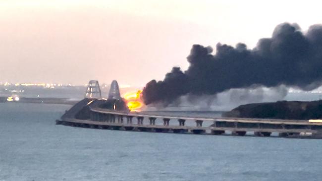 This video grab shows thick black smoke rising from a fire on the Kerch bridge. Picture: AFP