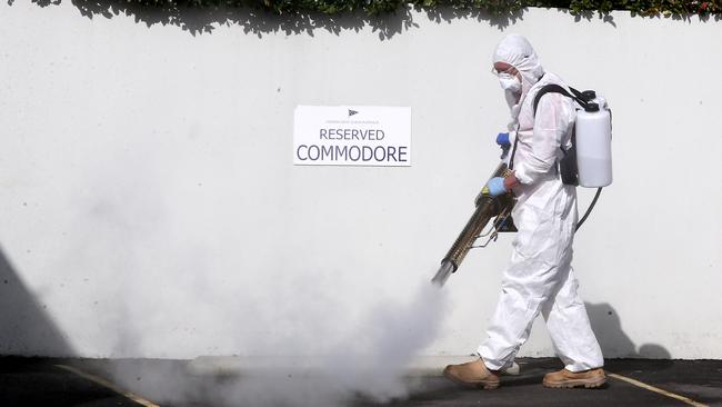 A cleaner at the Cruising Yacht Club in Rushcutters Bay on Tuesday. Picture: Matrix