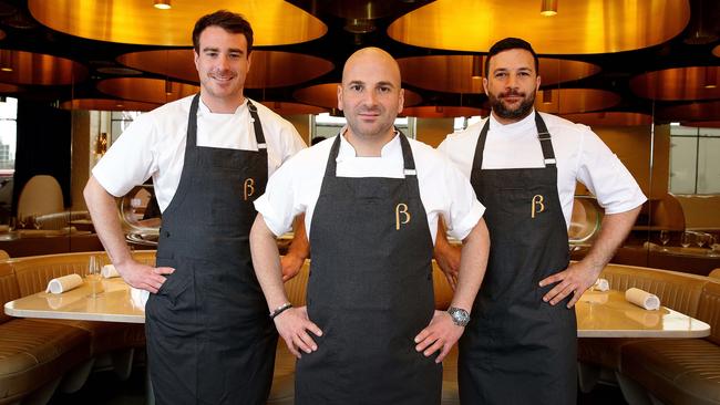 The Press Club’s George Calombaris alongside his head chefs Reuben Davis and Alex Xinis.