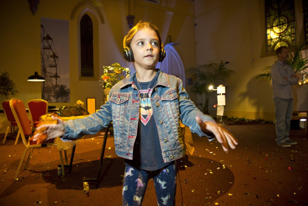 Elise Parker gets her daggy dance on in the Garden of Curiosity of the Curious Arts Festival, Saturday, March 16, 2019. Picture: Kevin Farmer