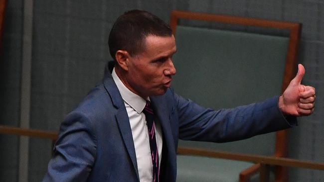 Andrew Laming, gives a thumbs up as he departs after a closure of member motion following question time in the House of Representatives at Parliament House today. Picture: Getty Images