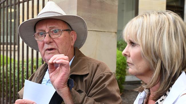 Gayle Woodford's husband Keith Woodford with Gayle's sister Andrea Hannemann pictured outside of the Coroners Court speaking to the media after the inquest findings were handed down. Picture: NCA NewsWire / Naomi Jellicoe