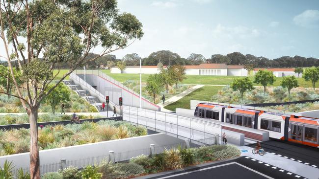 An artists impression of the Sydney Light Rail crossing the South Dowling Bridge.