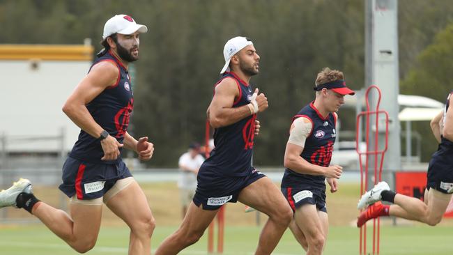 Christian Salem training with teammates during the Demons’ training camp in Marrochydore. Picture: Matthew Goodrope