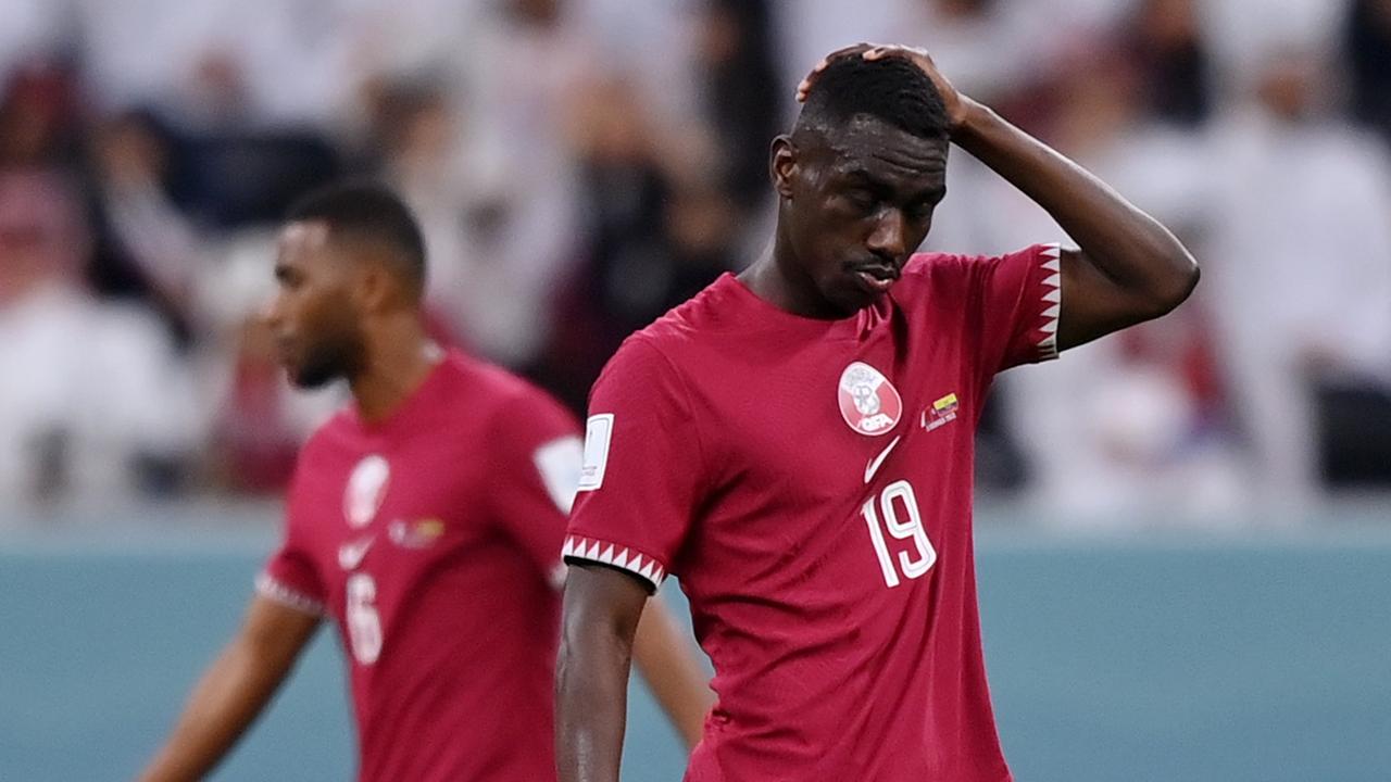 AL KHOR, QATAR – NOVEMBER 20: Almoez Ali of Qatar reacts after Ecuador's first goal during the FIFA World Cup Qatar 2022 Group A match between Qatar and Ecuador at Al Bayt Stadium on November 20, 2022 in Al Khor, Qatar. (Photo by Justin Setterfield/Getty Images)