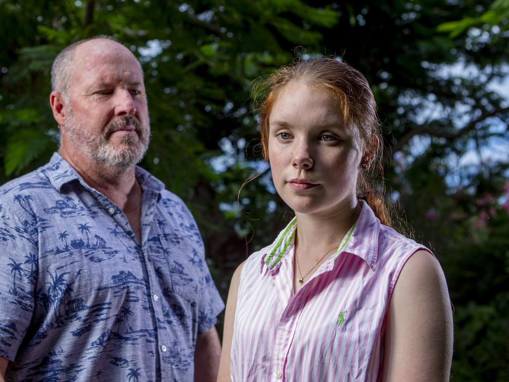 Father Marcus Cryer and daughter Talyssa Mcmah, 18. Marcus has been a QPS officer for 31 years, and said he was shocked to find vapes in his daughters room. Picture: Jerad Williams