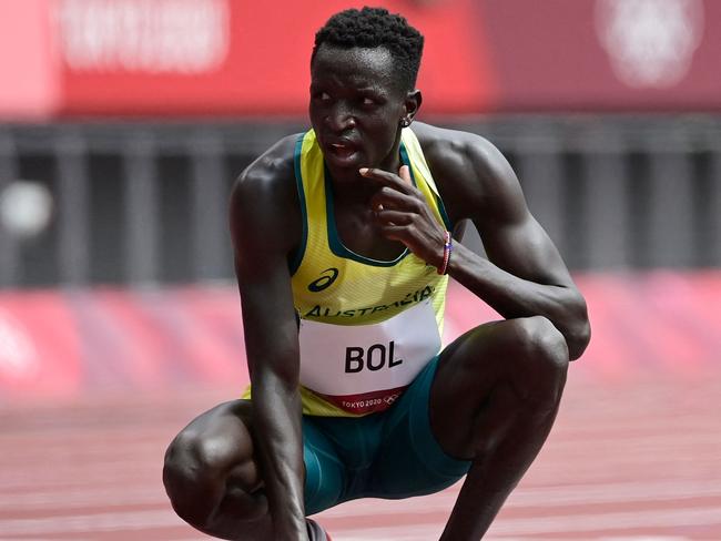 Australia's Peter Bol prepares to compete in the men's 800m heats during the Tokyo 2020 Olympic Games at the Olympic Stadium in Tokyo on July 31, 2021. (Photo by Javier SORIANO / AFP)