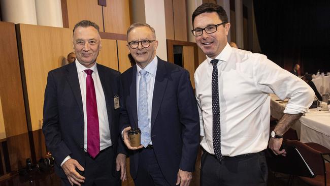 Former Labor minister Craig Emerson, who is leading the government’s review of the food and grocery code, with Prime Minister Anthony Albanese and Nationals leader David Littleproud at the Jobs and Skills summit in 2022. Picture: Gary Ramage/NCA NewsWire