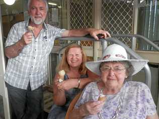 COLD CHANGE: Patrick and Elizabeth Moore and Gwen Thomas enjoy an ice-cream cone at the I Scream day at St Francis Aged Care. Picture: Contributed