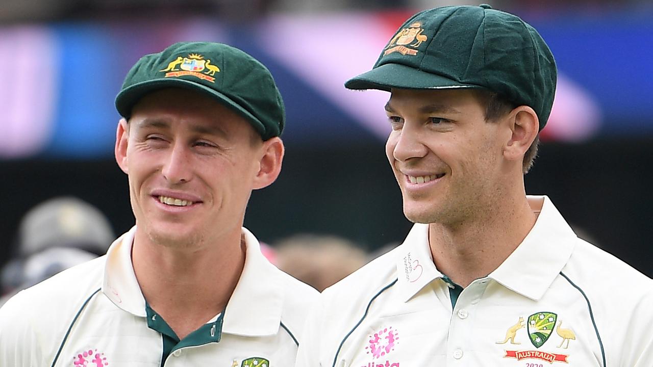 Marnus Labuschagne and Tim Paine of Australia watch on ahead of the presentations following the third Test Match between Australia and New Zealand at the SCG in Sydney, Monday, January 6, 2020. (AAP Image/Dan Himbrechts) NO ARCHIVING, EDITORIAL USE ONLY, IMAGES TO BE USED FOR NEWS REPORTING PURPOSES ONLY, NO COMMERCIAL USE WHATSOEVER, NO USE IN BOOKS WITHOUT PRIOR WRITTEN CONSENT FROM AAP