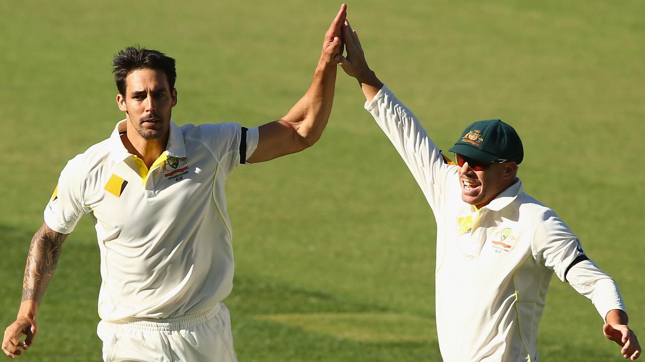 Mitchell Johnson and David Warner in happier times when they were still teammates. Picture: Robert Cianflone/Getty Images