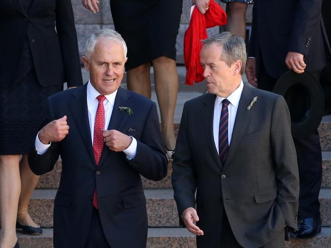 Prime Malcolm Turnbull and Opposition Leader Bill Shorten after the 2016 Anzac Day National Ceremony at the Australian War Memorial in Canberra yesterday / Picture: Kym Smith