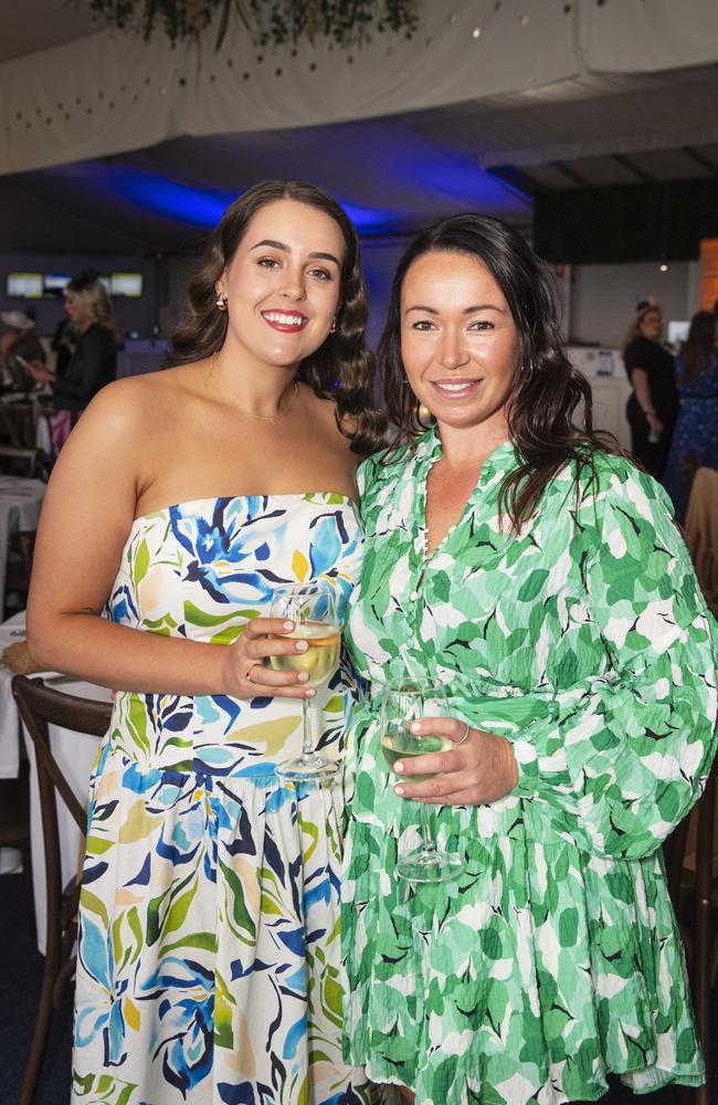 Stephanie Warhurst (left) and Simone Pitman at Emergency Services race day at Clifford Park, Saturday, August 10, 2024. Picture: Kevin Farmer