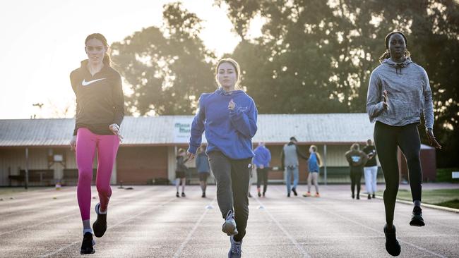 Would-be athletes from the Llamberris Athletics Reserve in Ballarat are disappointed that the Commonwealth Games have been cancelled. Molly Fraser (17), Armani Anderson (16) and Nyajima Jock (20). Picture: Jake Nowakowski