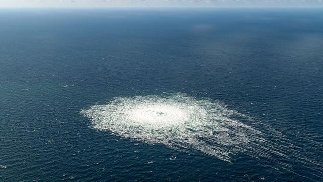 The gas leak at the Nord Stream 2 gas pipeline after the attack. Picture: AFP