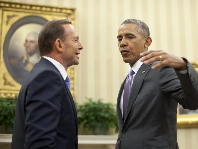 US President Barack Obama talks with Tony Abbott in the White House. The leaders discussed the Trans-Pacific Partnership, Australia's leadership in the G20 this year and the future of Afghanistan. Picture: AP/Pablo Martinez Monsivais