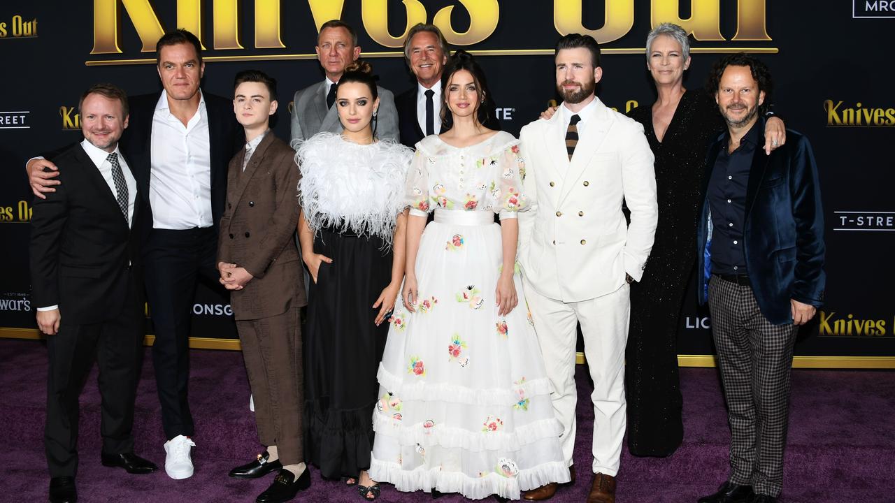 Writer and director Rian Johnson (left) with the A-list Knives Out cast. Picture: Jon Kopaloff/Getty Images