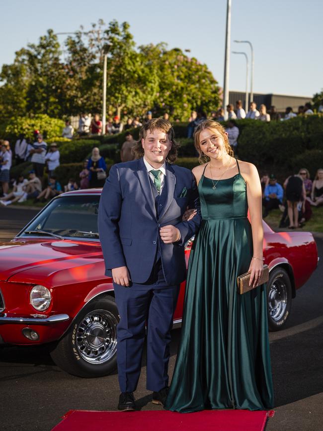 Caleb Grutt and Jordan Jarick arrive at Harristown State High School formal at Highfields Cultural Centre, Friday, November 18, 2022. Picture: Kevin Farmer