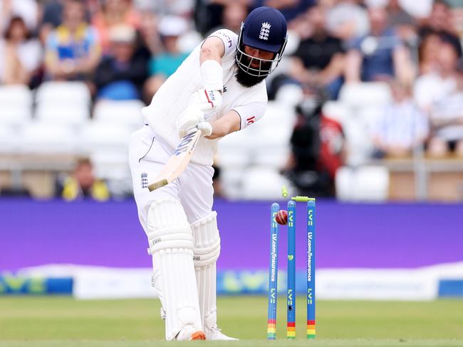 Moeen Ali, a lower-order player thrust into the No.3 spot, is bowled by Mitchell Starc during the third Ashes Testat Headingley. Picture: Richard Heathcote/Getty Images