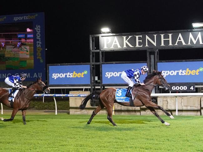 Ashrun, ridden by Mark Zahra, wins the Sportsbet Pakenham Cup. Picture: Scott Barbour / Racing Photos