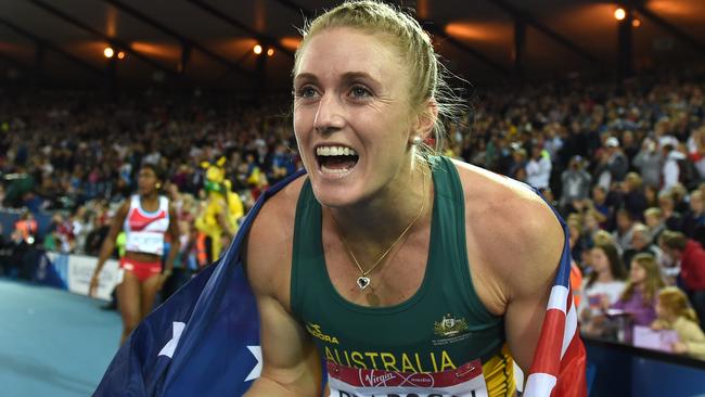 Australia's greatest modern-day track and field athlete Sally Pearson celebrates winning the gold medal in the women's 100m Hurdles at Hampden Park during the Glasgow Commonwealth Games in 2014