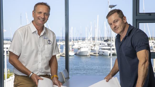 Commodore Guy Houghton (left) and general manager Zoran Stojcevski (right) at the Moreton Bay Trailer Boat Club. The club is about to undergo a multimillion-dollar revamp. Picture: Sarah Marshall