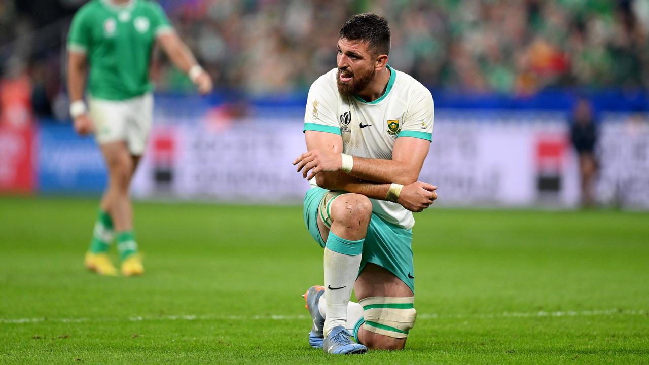 PARIS, FRANCE – SEPTEMBER 23: Jean Kleyn of South Africa looks dejected after defeat to Ireland during the Rugby World Cup France 2023 match between South Africa and Ireland at Stade de France on September 23, 2023 in Paris, France. (Photo by Laurence Griffiths/Getty Images)
