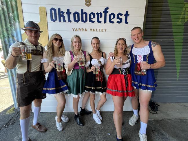 Liz, Kirsten, Cat, Lisa, Charlie, Camron and K Brooks at the 2024 Yarra Valley Oktoberfest. Picture: Himangi Singh.