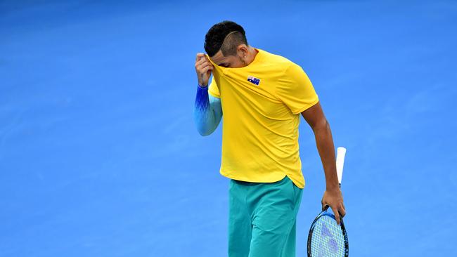 Nick Kyrgios of Australia is seen reacting during his match against Alexander Zverev of Germany during the World Group first round match of the Davis Cup between Australia and Germany played at Pat Rafter Arena in Brisbane, Sunday, February 4, 2018. (AAP Image/Darren England) NO ARCHIVING, EDITORIAL USE ONLY