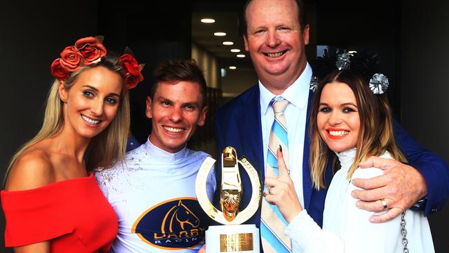 She will reign ridden by Ben Melham wins race 7 at Rosehill Gardens on Golden Slipper day. Trainer Gary Portelli pictured with wife Kellie and jockey ben Melham with partner Karlie Dales. Pic Jenny Evans