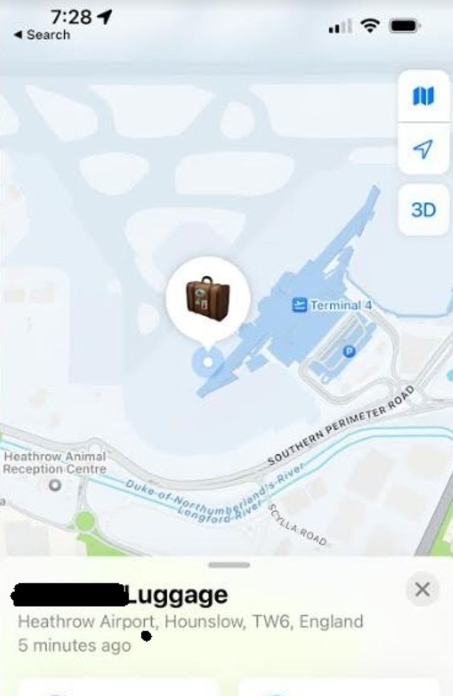 An Aussie passenger flying on Qatar Airways arrived into Sydney on Tuesday morning with her AirTag showing her bags are still at Terminal 4 in Heathrow following a baggage conveyor belt breakdown. Picture: Supplied