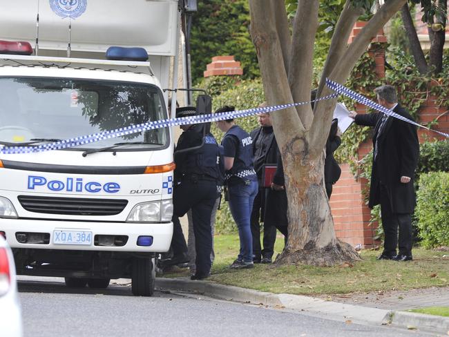 Police at the murder scene in Somerton Park. Picture: Campbell Brodie.