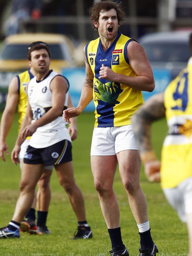 MPNFL forward Tim Bongetti celebrates a goal in the 30-point win over Northern FL on Saturday. Picture: Paul Loughnan