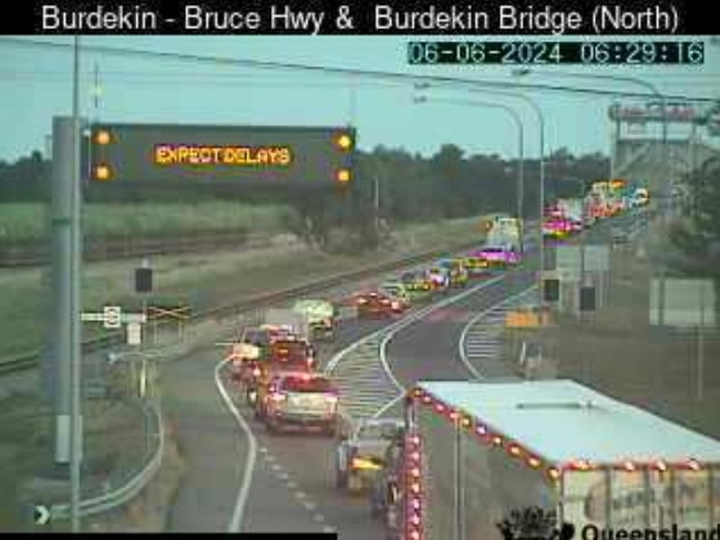 A traffic camera has revealed the Bruce Highway traffic jam at the Burdekin Bridge following a truck fire. Picture: QLD Traffic.