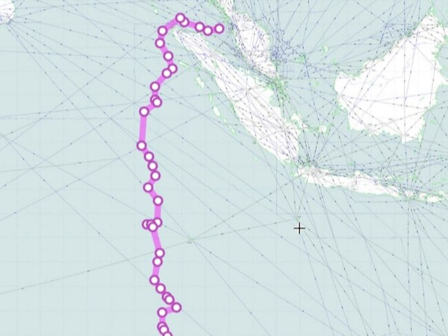 Estimated MH370 flight path, with the island of Sumatra in the top right. Picture: Supplied