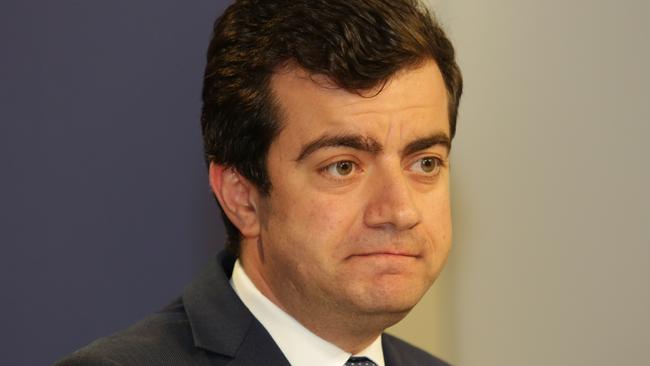 Senator Sam Dastyari announces his resignation from the federal opposition Labor front bench at a press conference in Sydney. Picture: John Fotiadis