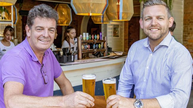 Normanby owner Jaz Mooney (left) and Shaun Dunleavy at the newly-renovated Normanby Hotel in Red Hill. It has one of the biggest beer gardens in inner Brisbane. The hotel will be allowed one patron per 2 sqm in its beet garden from this weekend. Picture: Richard Walker