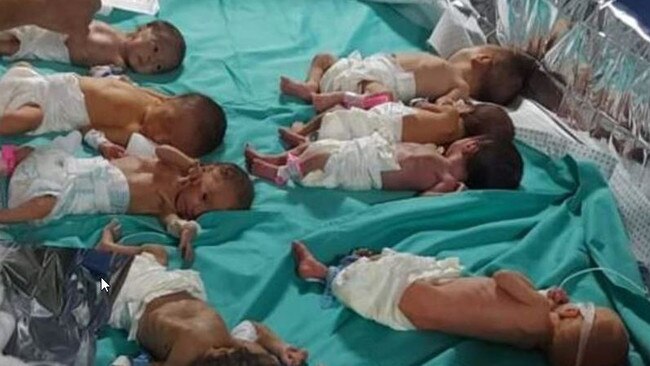 Newborns taken out of incubators wrapped in foil to keep them alive at Gaza’s largest hospital. Picture: BBA