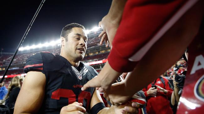 Jarryd Hayne following the 49ers win mixing with the supporters.